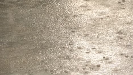 slow motion speed close up scene of dropping pattern when raining falling against water surface on cement floor