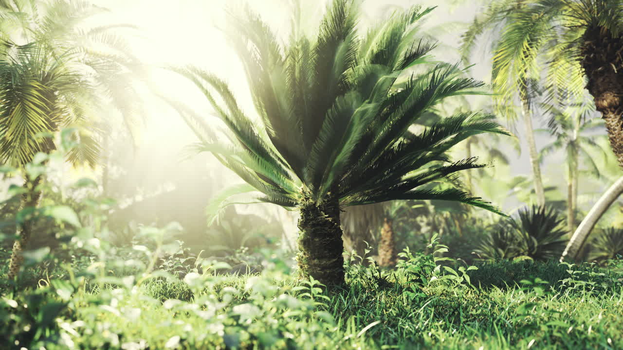 Lush tropical landscape with vibrant palms basking in golden sunlight