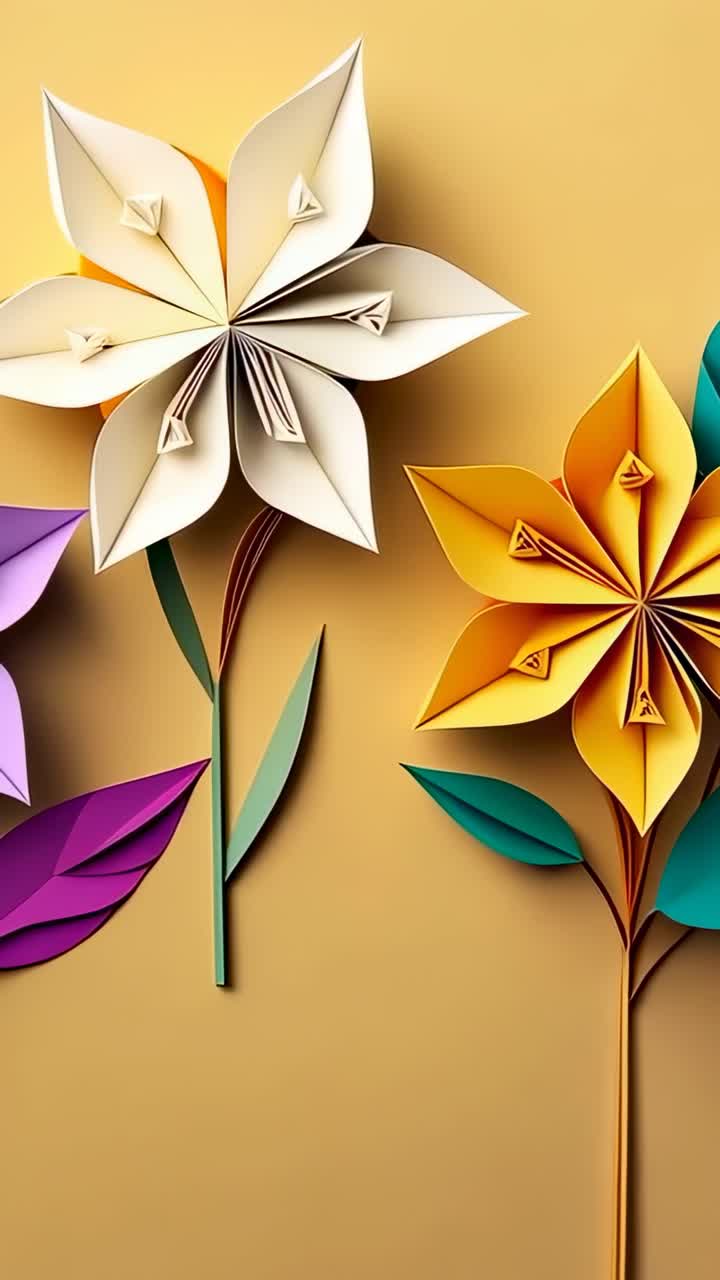 Vertical video: Panning camera showcasing three origami flowers in craft studio, with paper leaves