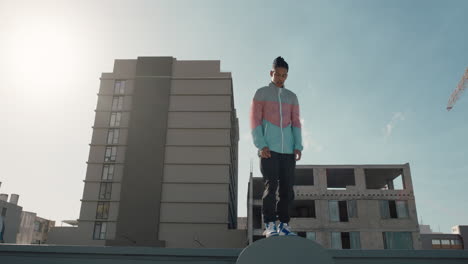 dancing man jumping somersault breakdancer practicing dance routine on rooftop in urban city