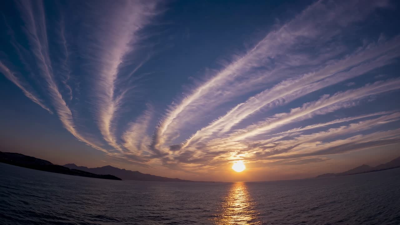 A wide-angle video captures a stunning sunset over the ocean, with dramatic, swirling clouds