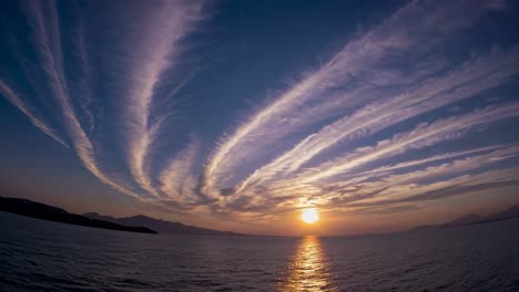 a wide-angle video captures a stunning sunset over the ocean, with dramatic, swirling clouds