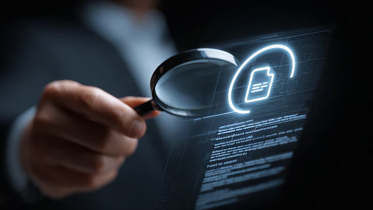 Exploring Digital Security and Data Protection: A Close-Up Look with a Magnifying Glass Revealing Sensitive Information Within Modern Technology Charts and Codes