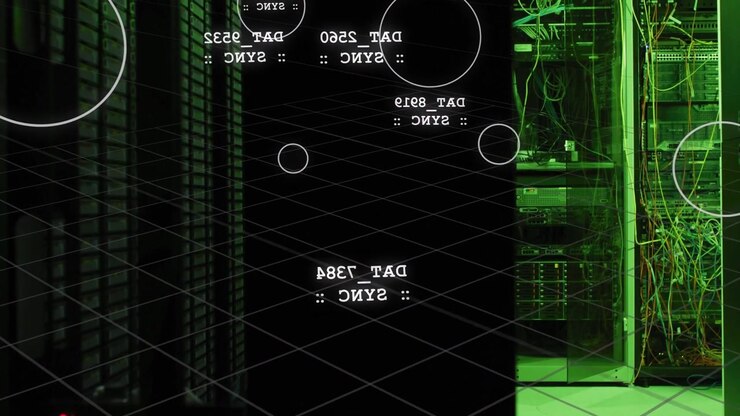 Vertical video: Central 3D grid reacting to sync command, showing drifting HUD rings over servers