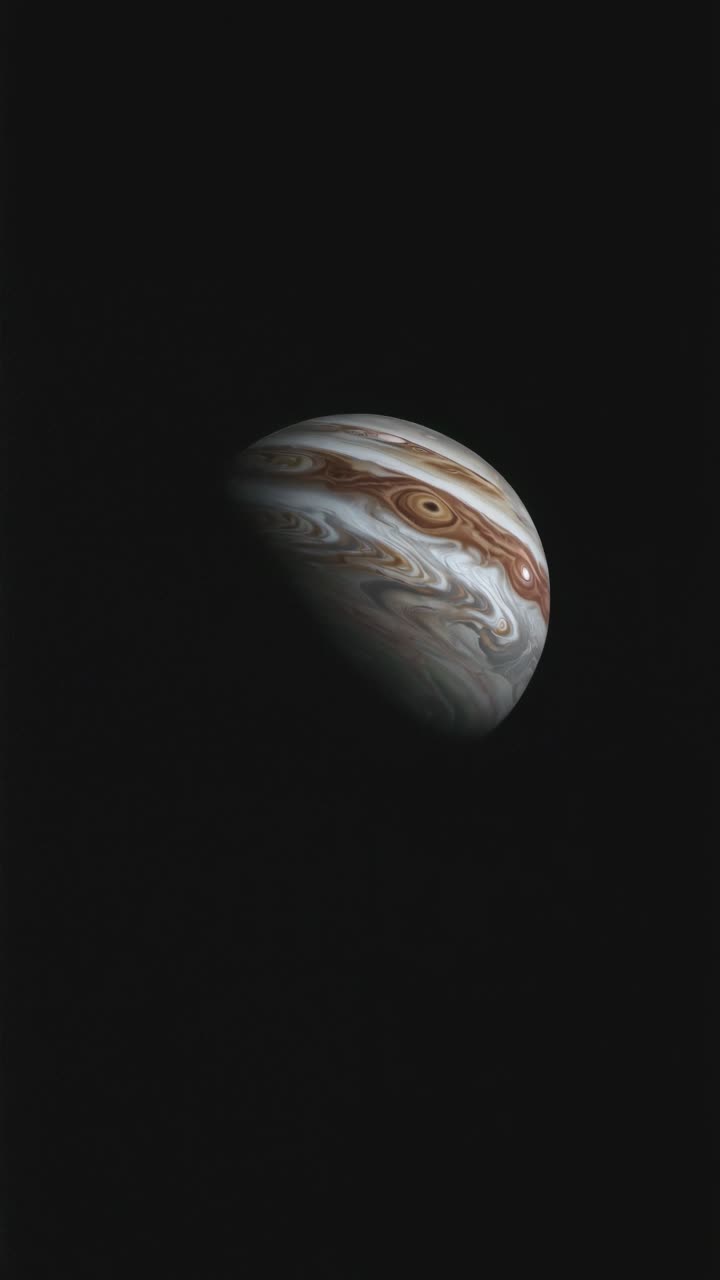 A mesmerizing video still of Jupiter from a space probe's angle, showcasing swirling clouds
