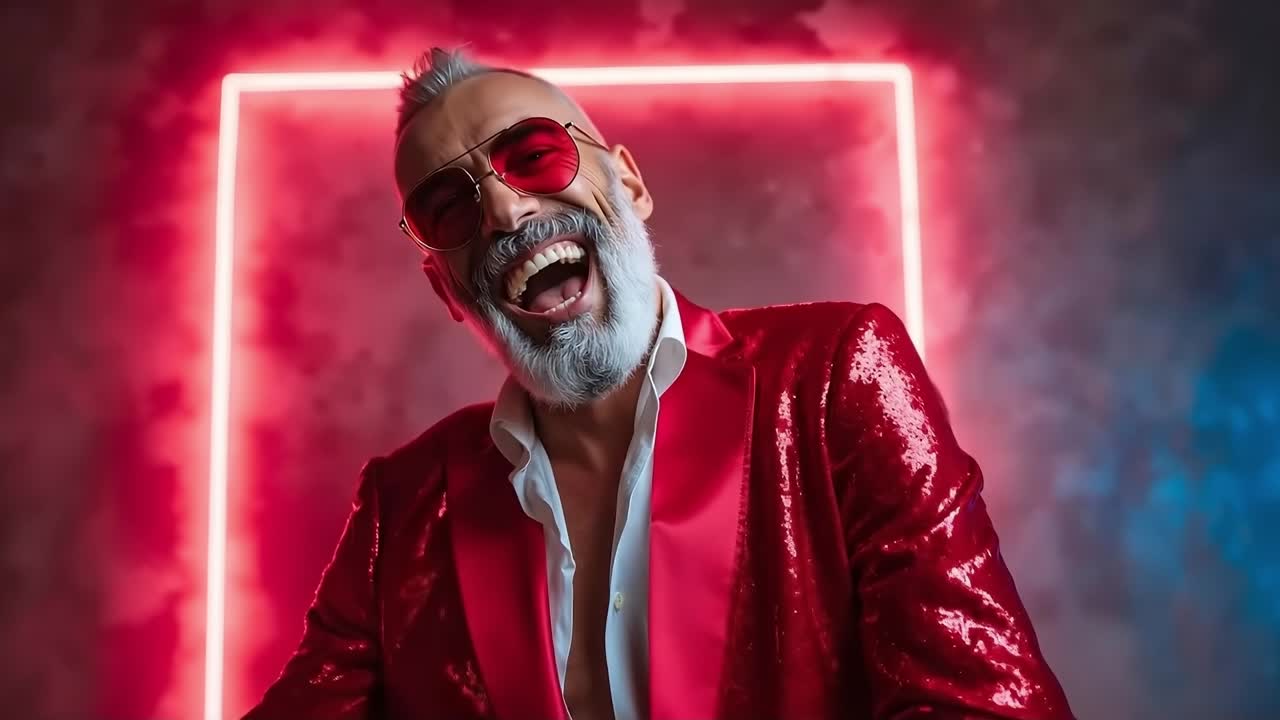 A man in a red suit and sunglasses laughing