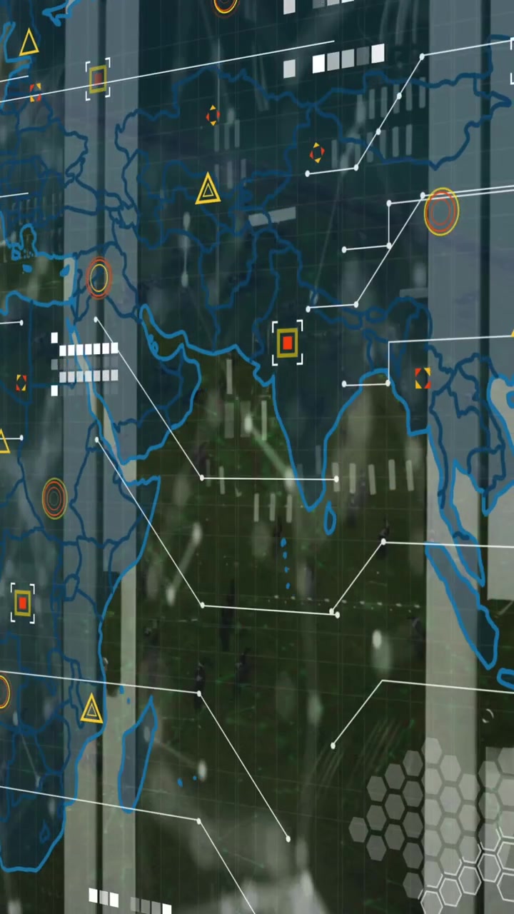 Animation of world map, data processing and network of connections against server room