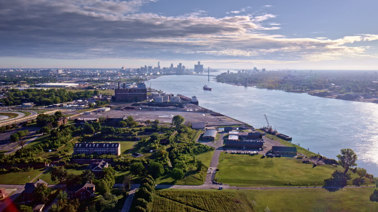 Drone captures the Gordie Howe Bridge stretching toward Detroit’s industrial riverfront