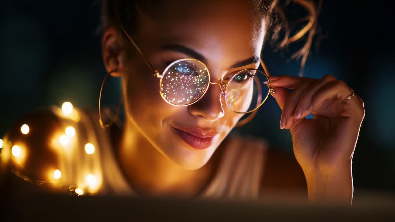 A woman wearing stylish glasses adorned with fairy lights, gazing intently at a screen, illuminated by soft lights that create a magical atmosphere in a nighttime setting