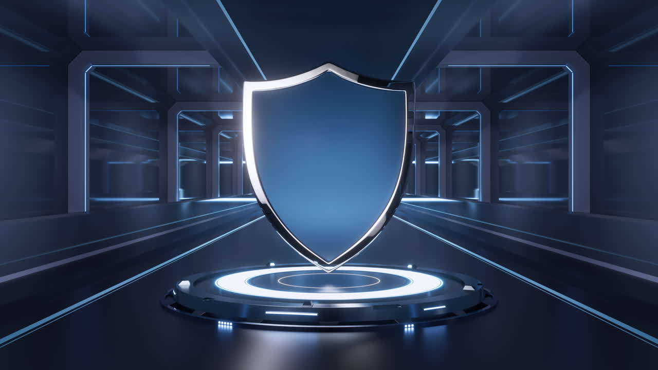 escudo brillante con fondo tecnológico, renderización en 3d.
