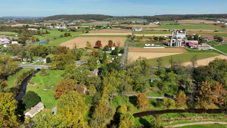 aerial view in autumn of farmland in usa after season harvest