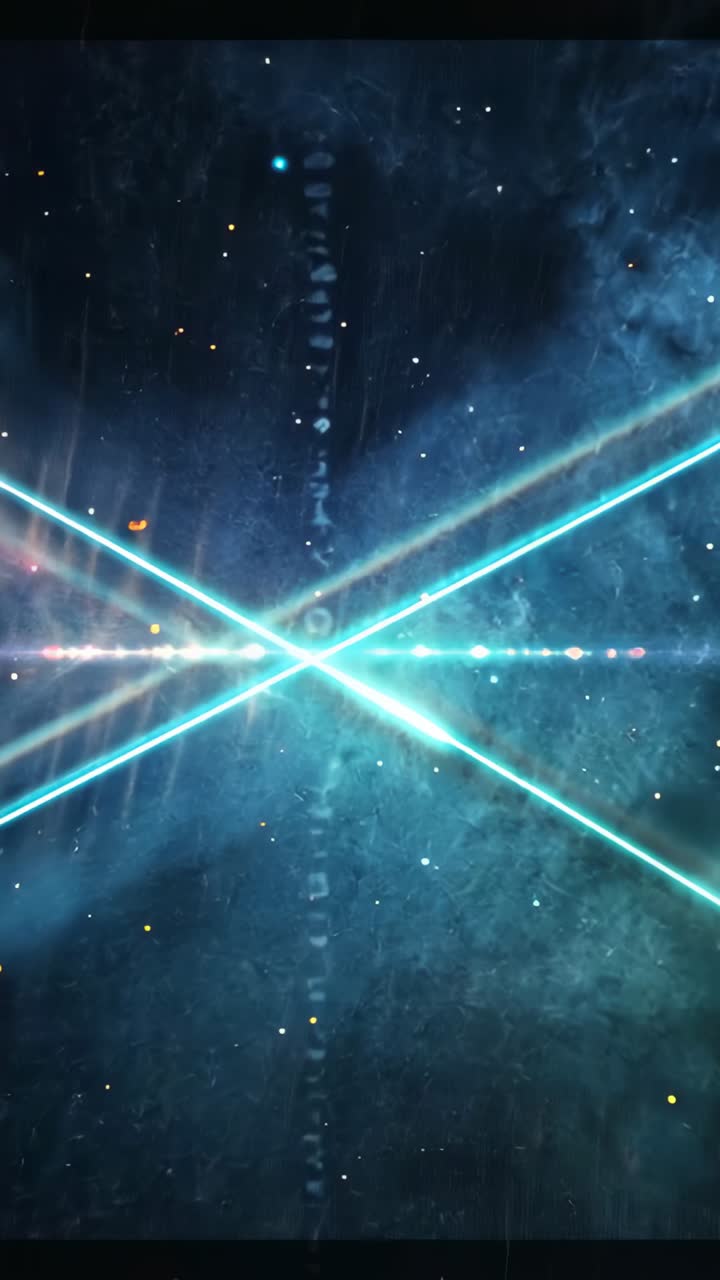 Vertical video: Emerging cyan beams converging in nebula backdrop, forming X over pulsing column