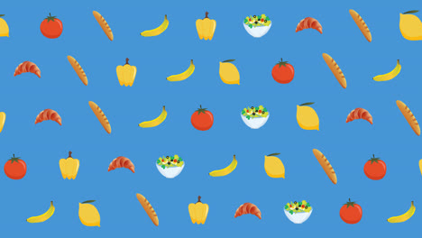 animation of diverse food floating on blue background