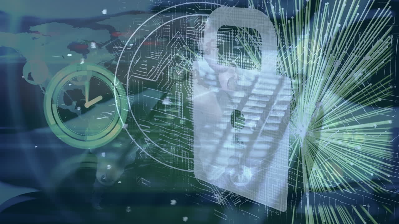 animación del procesamiento de datos y el reloj sobre las manos utilizando computadora