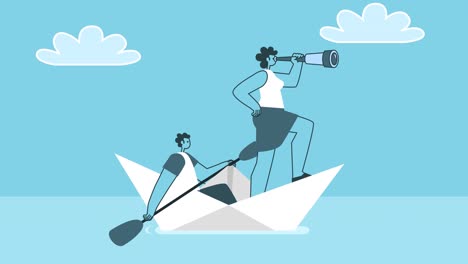 concepto de trabajo en equipo de dibujos animados. mujer mirando a través de un telescopio y un hombre remando con remos de barco de papel. diseño plano personajes 2d animación de bucle aislado con canal alfa