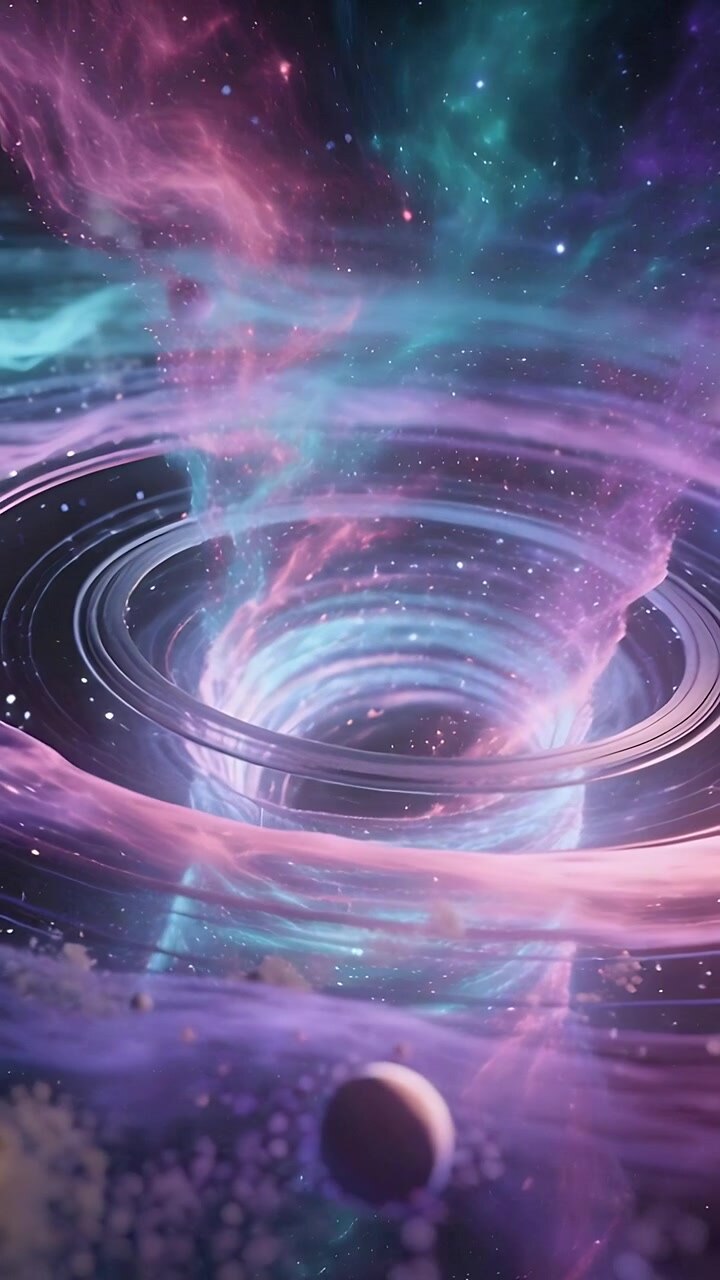 Vertical video: Moving camera toward vortex drawing rings and pink gas in space, revealing debris