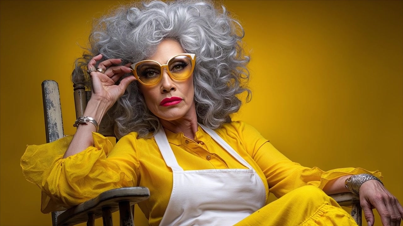 Stylish senior woman with grey hair gesturing while sitting in a rocking chair