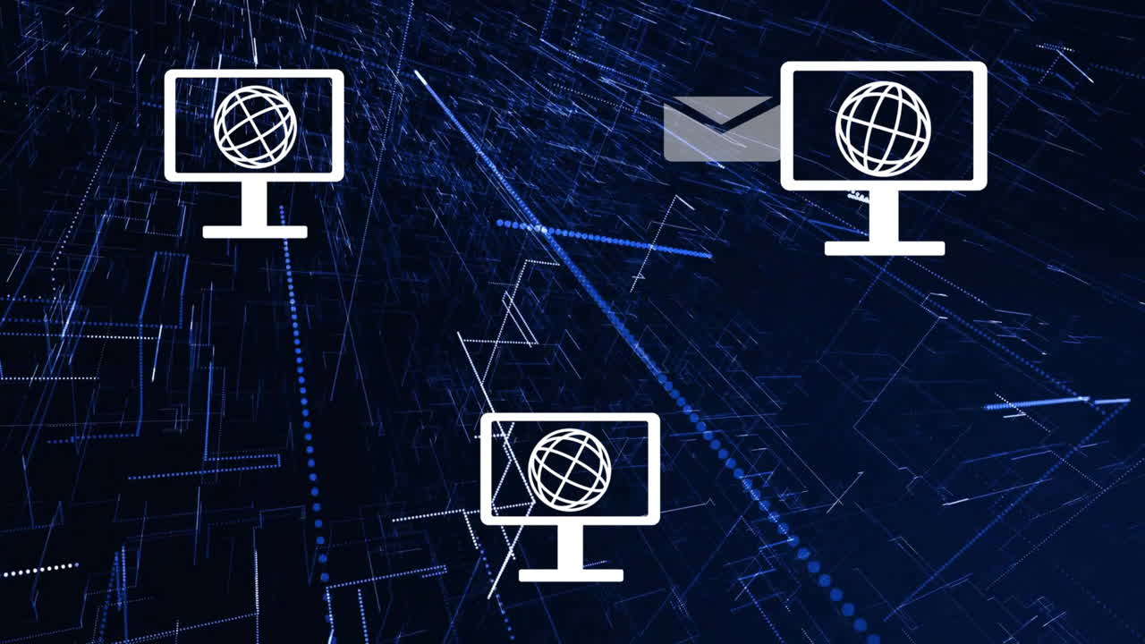 animación de iconos y procesamiento de datos sobre un fondo oscuro