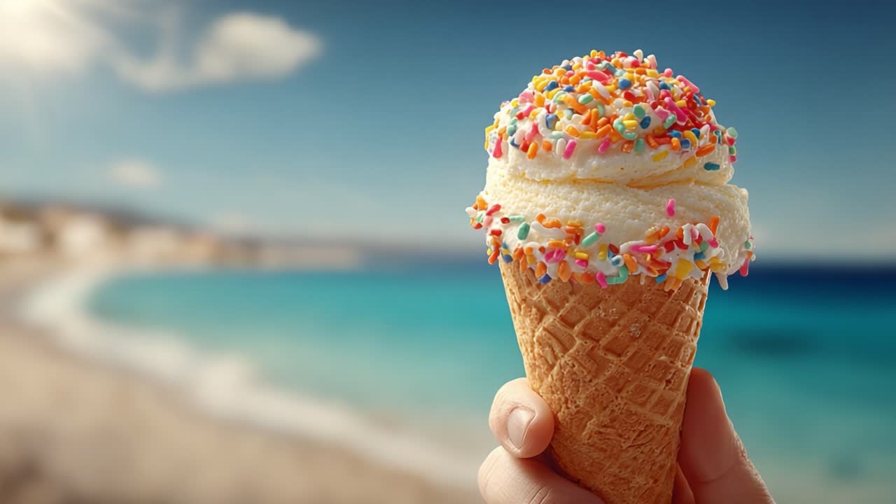 Un Elegante Cono Gelato con Codette Colorate Tenuto Contro uno Sfondo di una Spiaggia Illuminata dal Sole e Acqua dell'Oceano Scintillante
