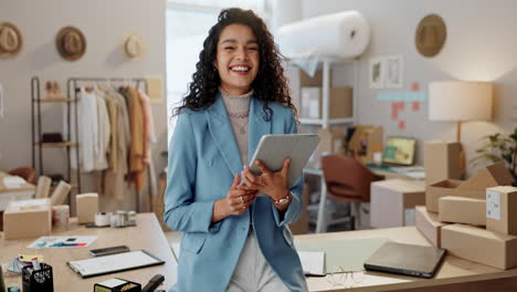 Designer-woman,-tablet-and-smile-at-workshop