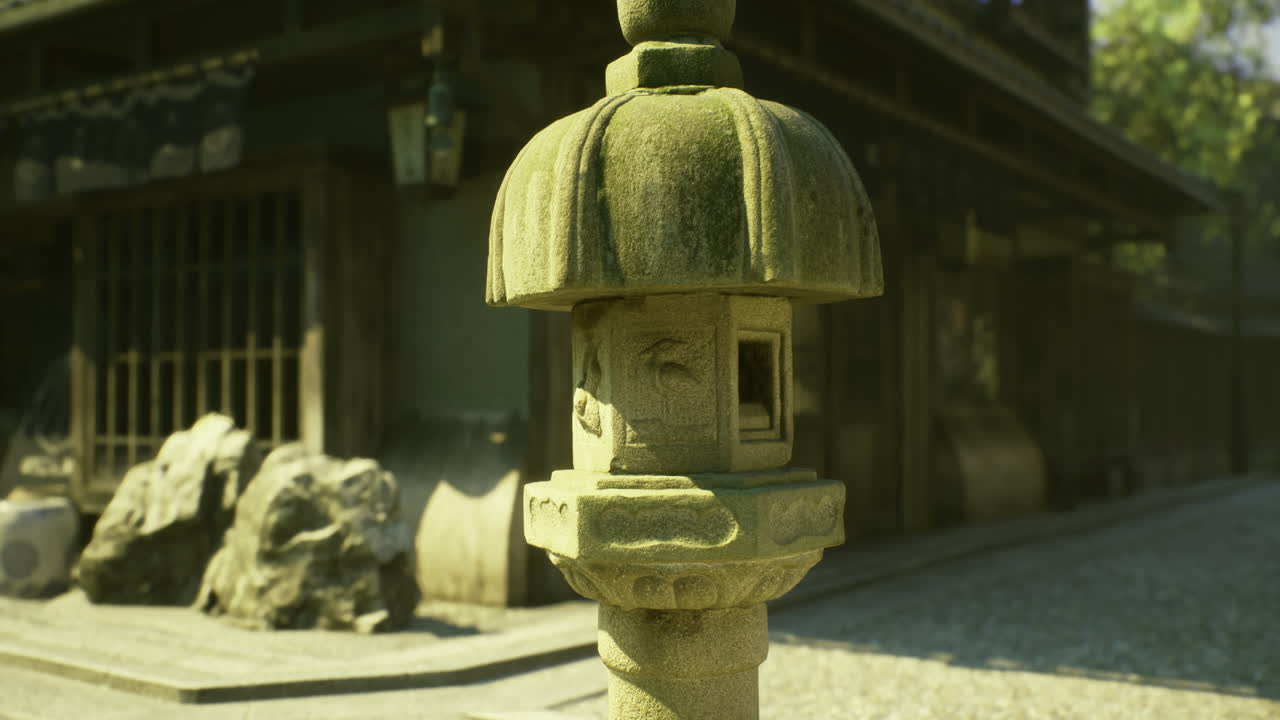 Traditional stone lantern in peaceful japanese garden during daylight hours