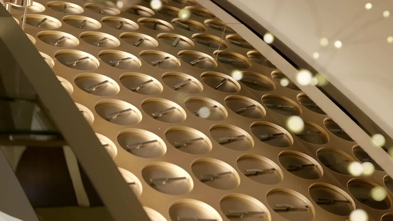 반짝이는 보케 조명이 있는 여러 개의 간단한 시계 예술품이 고급 시계 매장에 걸려 있는 패턴을 만드는 느린 패닝 샷
