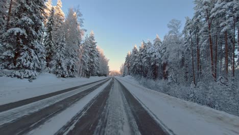 conducir en invierno pov cubierto de nieve paisaje rural finlandés desplazamiento ansioso