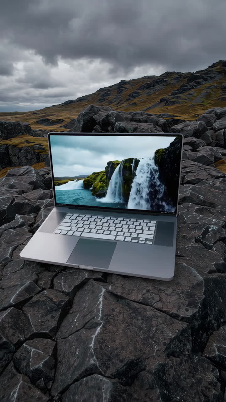 Laptop displaying a waterfall on rugged rocks