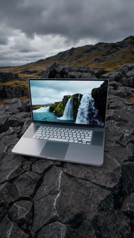 laptop displaying a waterfall on rugged rocks