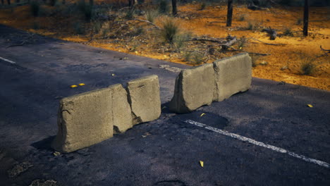 road obstruction created by large stones in a desolate landscape