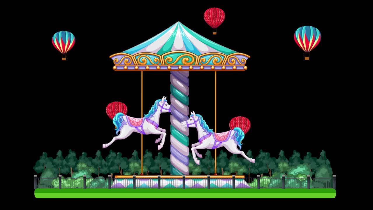 A colorful amusement park carousel rotates against a black background with floating hot air balloons