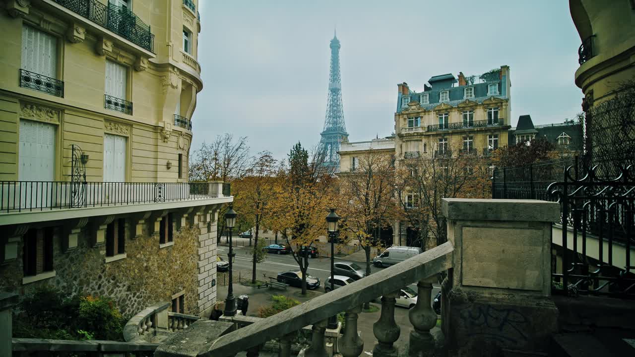 The Eiffel Tower as seen from the Avenue de Camoens on an overcast day, Paris, France