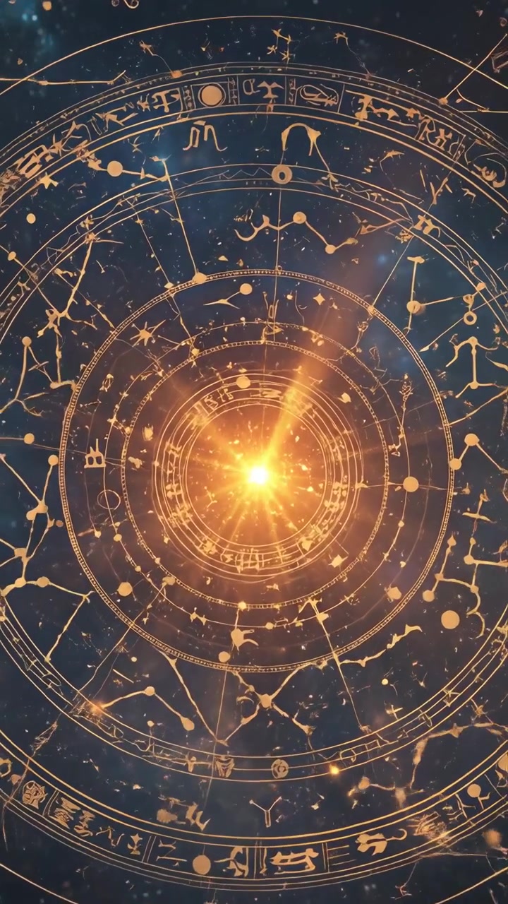 Mistica carta astrologica dello zodiaco dorata con centro luminoso
