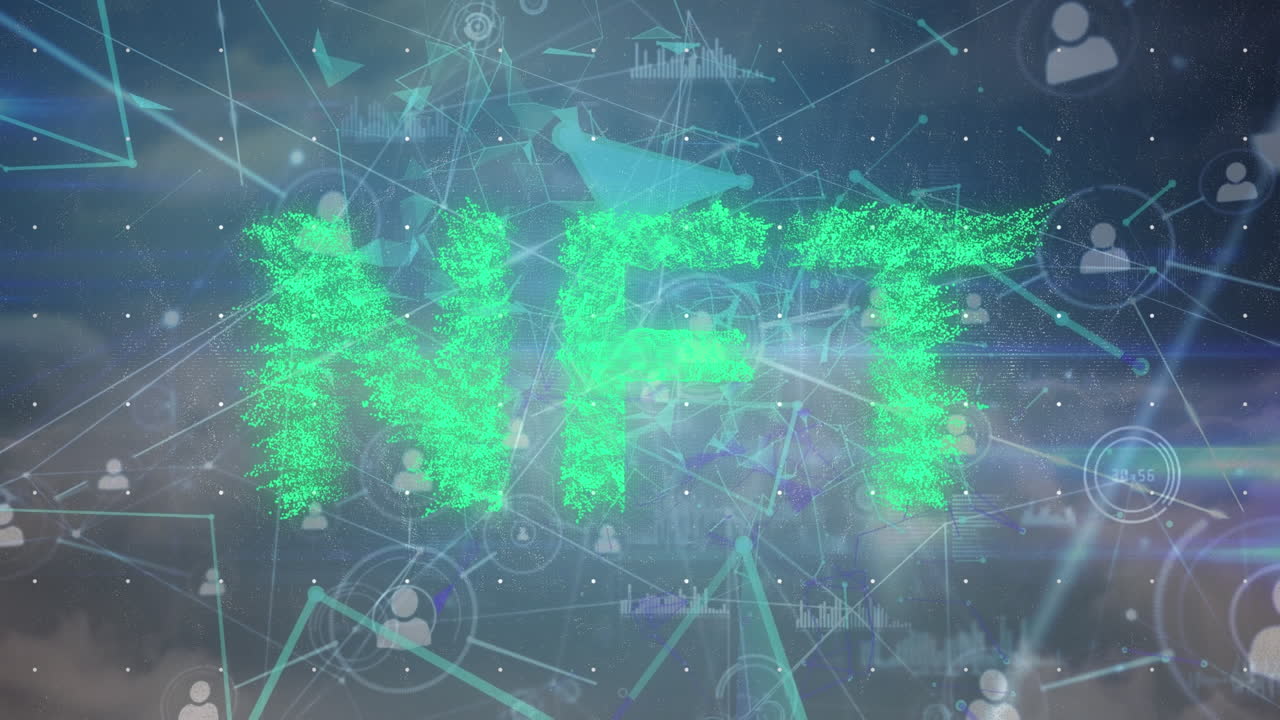 Animation of nft and network of connections over clouds
