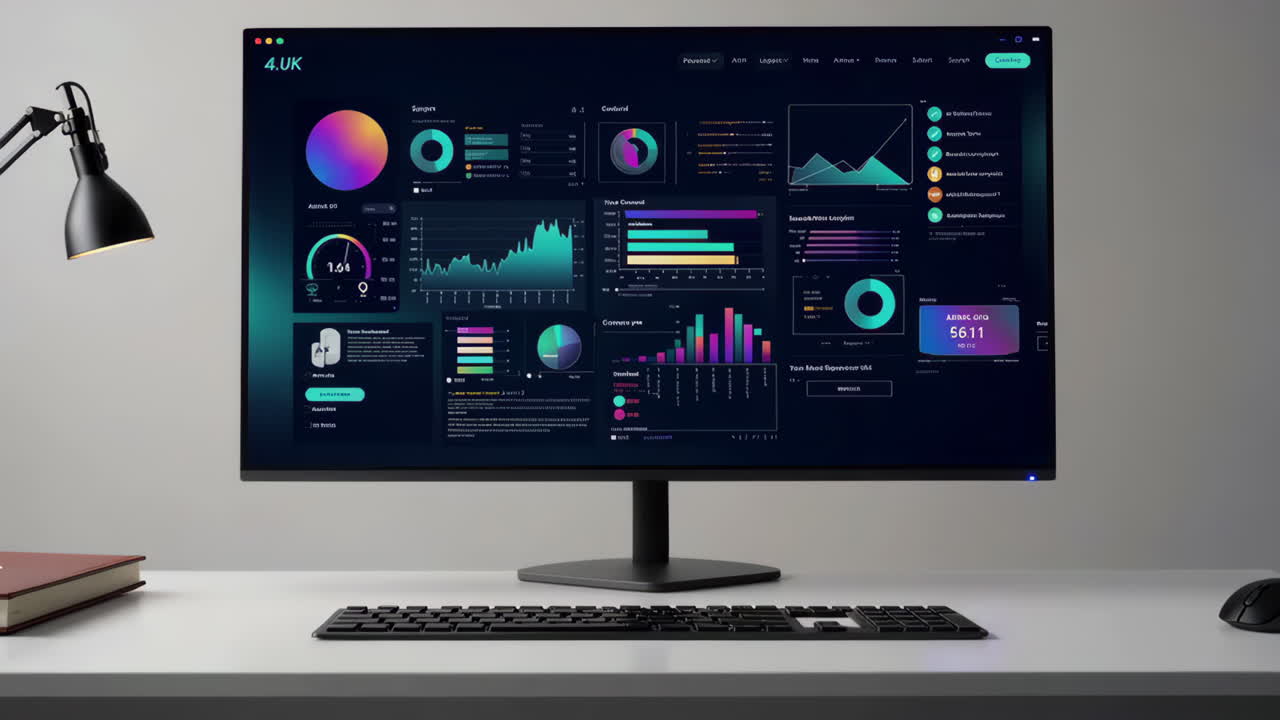Modern Business Workspace with Data Visualization on Monitor
