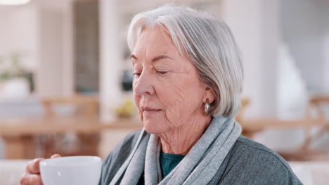 Senior-woman,-coffee-and-aroma-in-kitchen