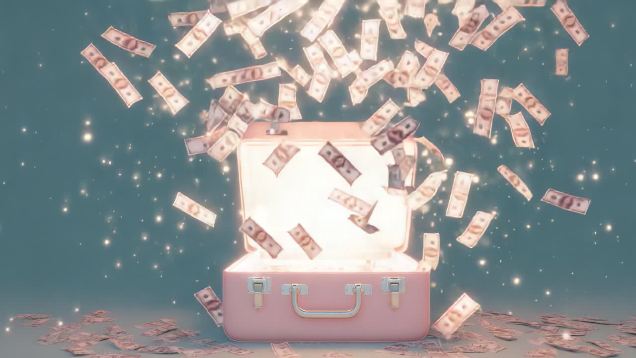 A dazzling spectacle of wealth with an open suitcase overflowing with flying dollar bills, illuminated by a magical glow, creating a scene of abundance and dreams come true