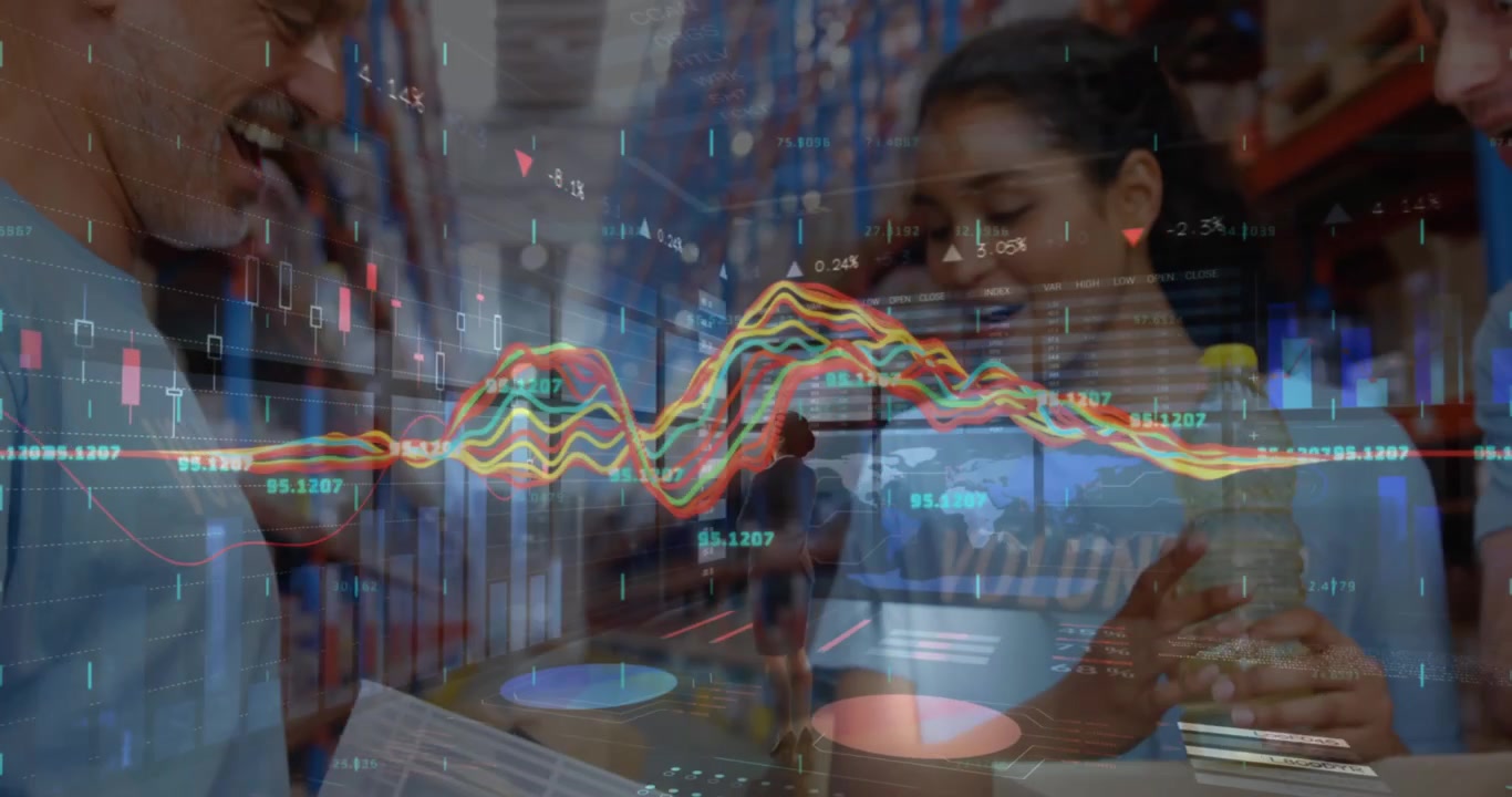 Animation of data processing over diverse female and male warehouse workers