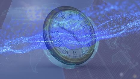 animación de reloj en movimiento, mapa del mundo y brillo