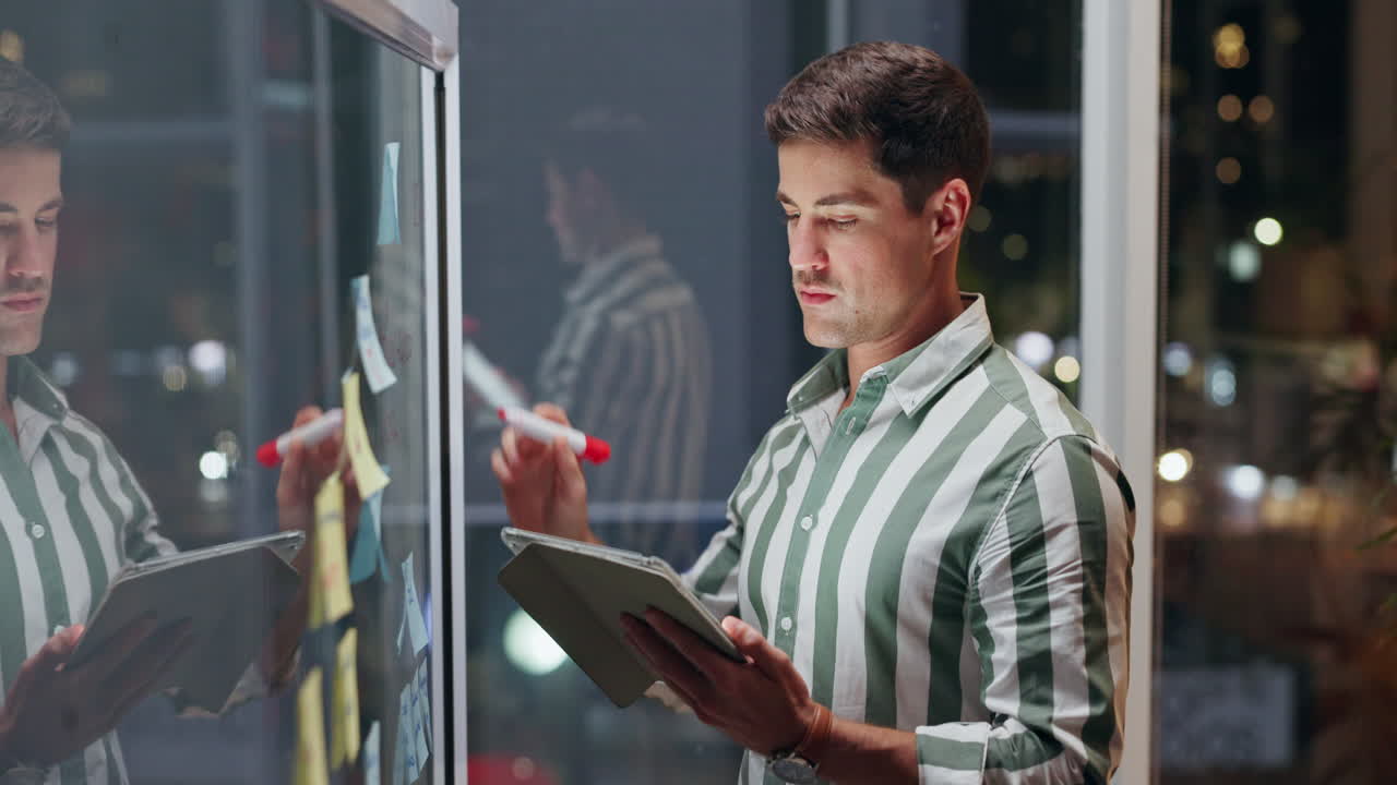 Man working on strategy at night