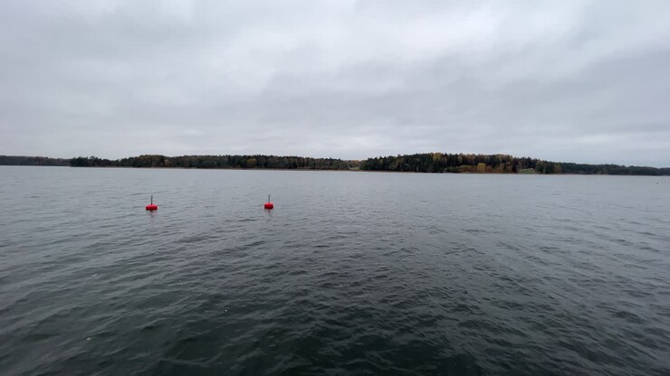 Wide view of two floating red buoys in the Stockholm archipelago, cloudy