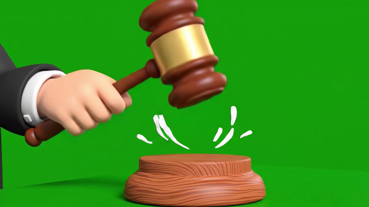 Pemeriksaan Mendalam tentang Keadilan: Representasi Kartun Menampilkan Palu Hakim yang Menyoroti Simbolisme Hukum dan Ketertiban dengan Latar Belakang Layar Hijau