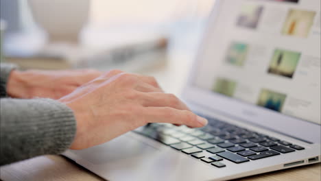 manos, computadora portátil e investigación con una mujer