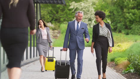 gruppo di delegati d'affari con bagagli che arrivano all'hotel della conferenza