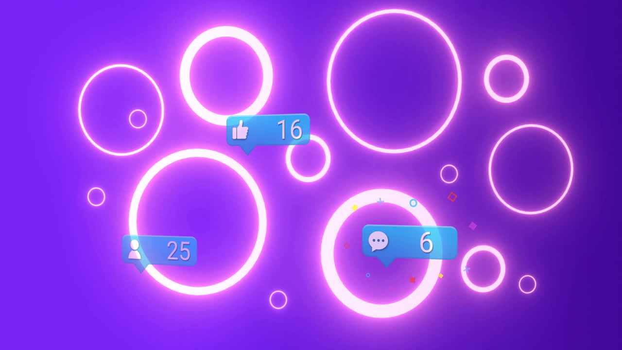 Animation of glowing circles with social media notifications on purple background