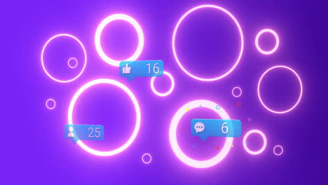 animation of glowing circles with social media notifications on purple background