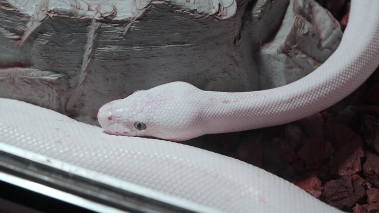 White Leucistic Ball Python Regius Snake Crawling in Inclosure Reptile Terrarium of Daejeon Aquarium Zoo
