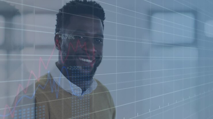 Animation of digital interface showing statistics with man working in an office