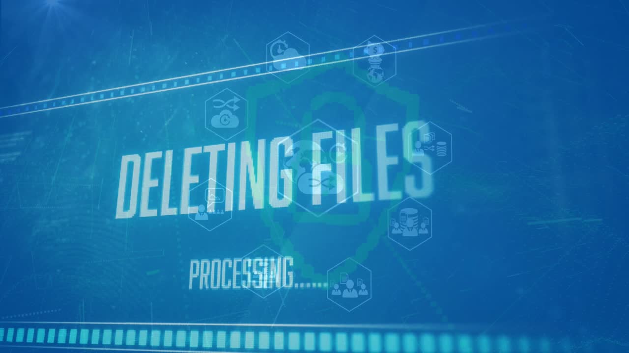 animación de archivos que eliminan el procesamiento, iconos, símbolo de seguridad contra fondo azul