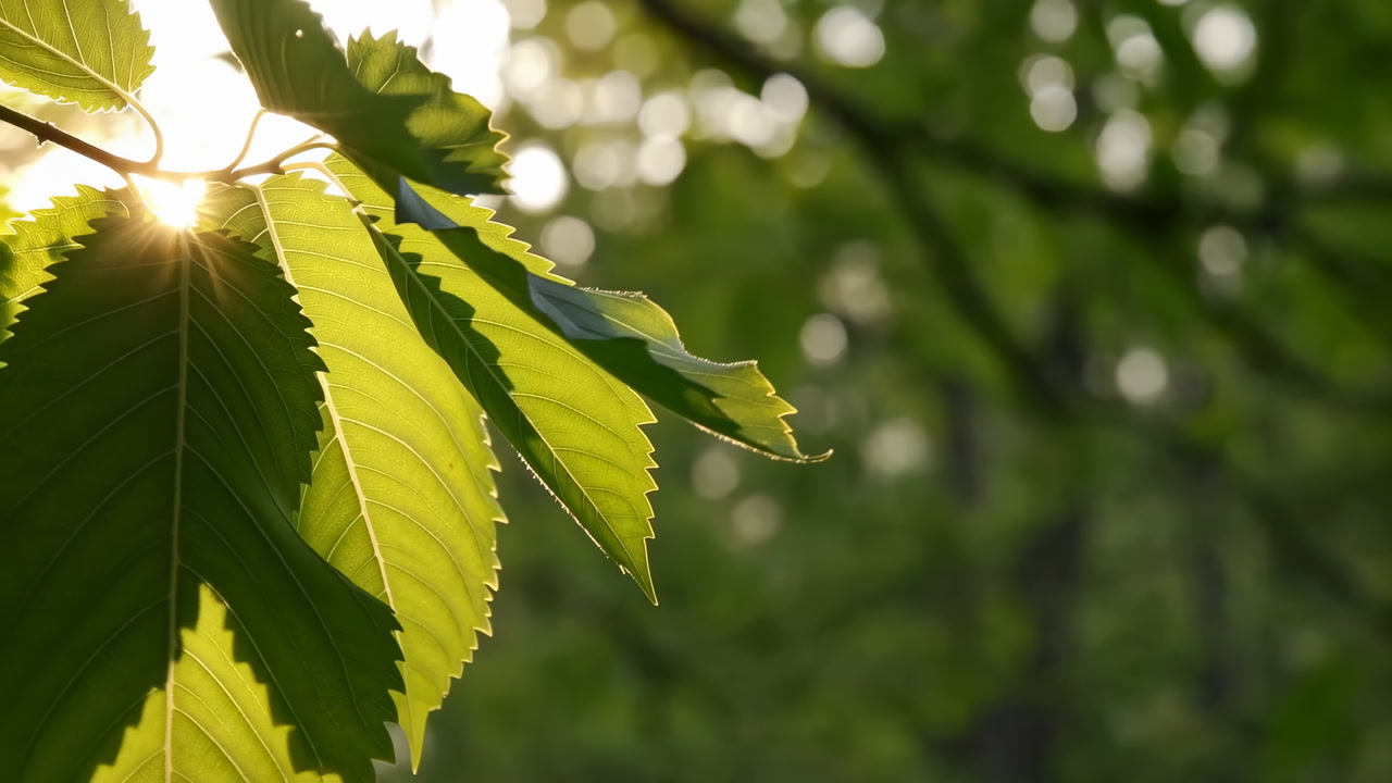 Sunlit Green Leaves Backlit By Sunlight, Warm Dappled Bokeh Creating Serene Forest Canopy, Closeup Serrated